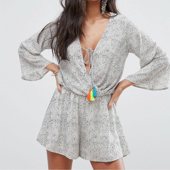 Organic White Print Tassel Romper ~~~ S main image 1